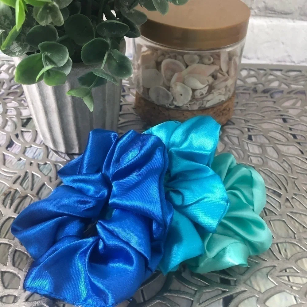 3 New Silk Scrunchies Blue, Teal Mint Color